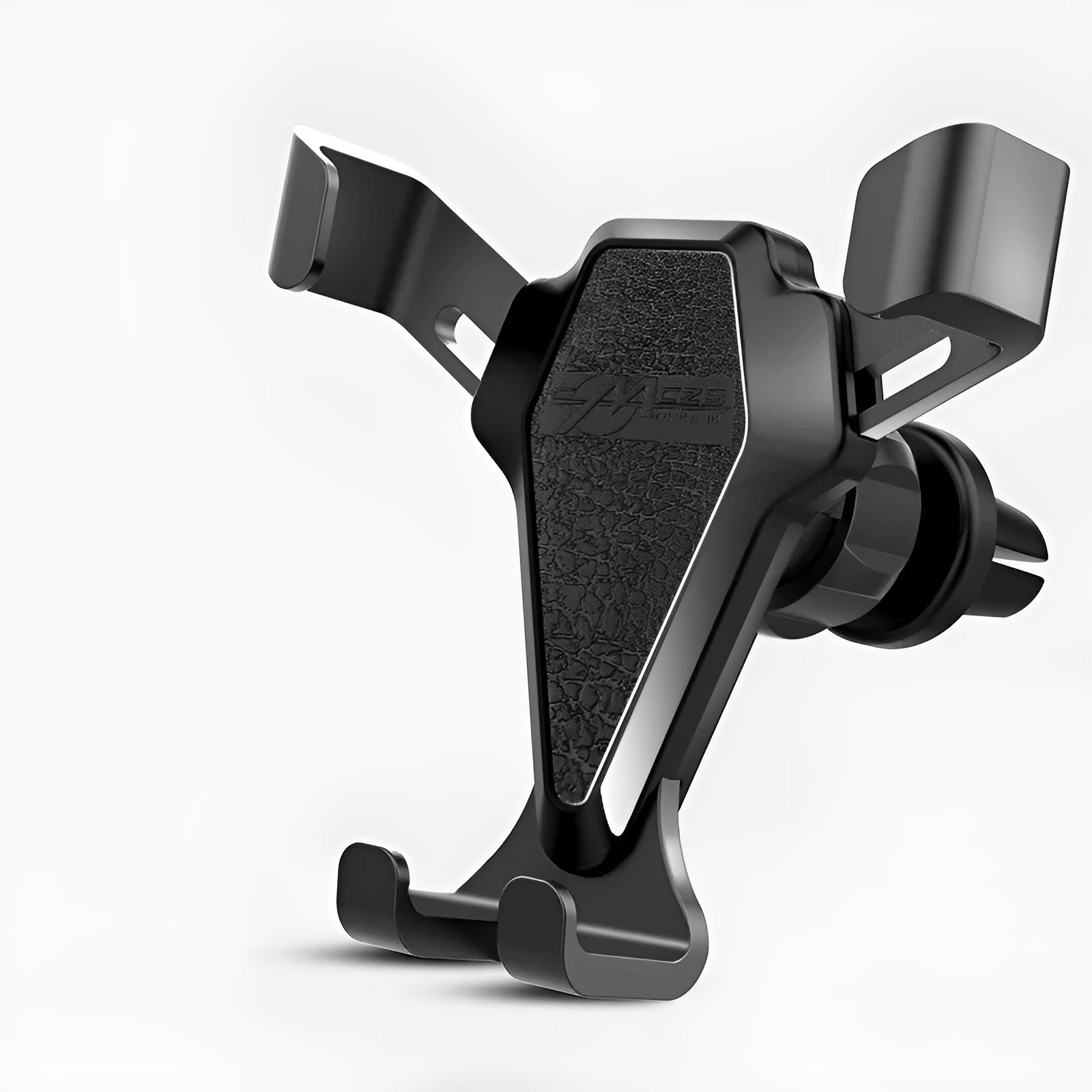 Universal smartphone car air vent mount in Elegant Black with silicone steel core and alloy structure, clipped to a vehicle air vent
