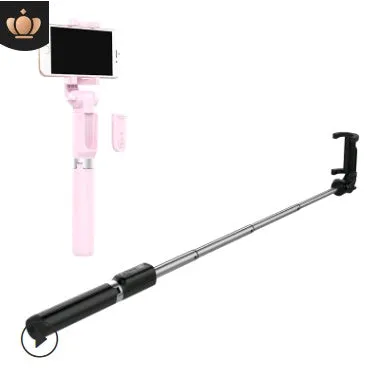 Aluminium Bluetooth selfie stick with tripod base and remote control extended with mobile phone attached