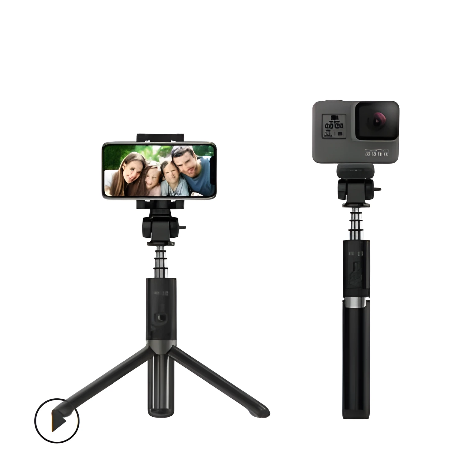 Aluminium Bluetooth selfie stick with tripod base and remote control extended with mobile phone attached