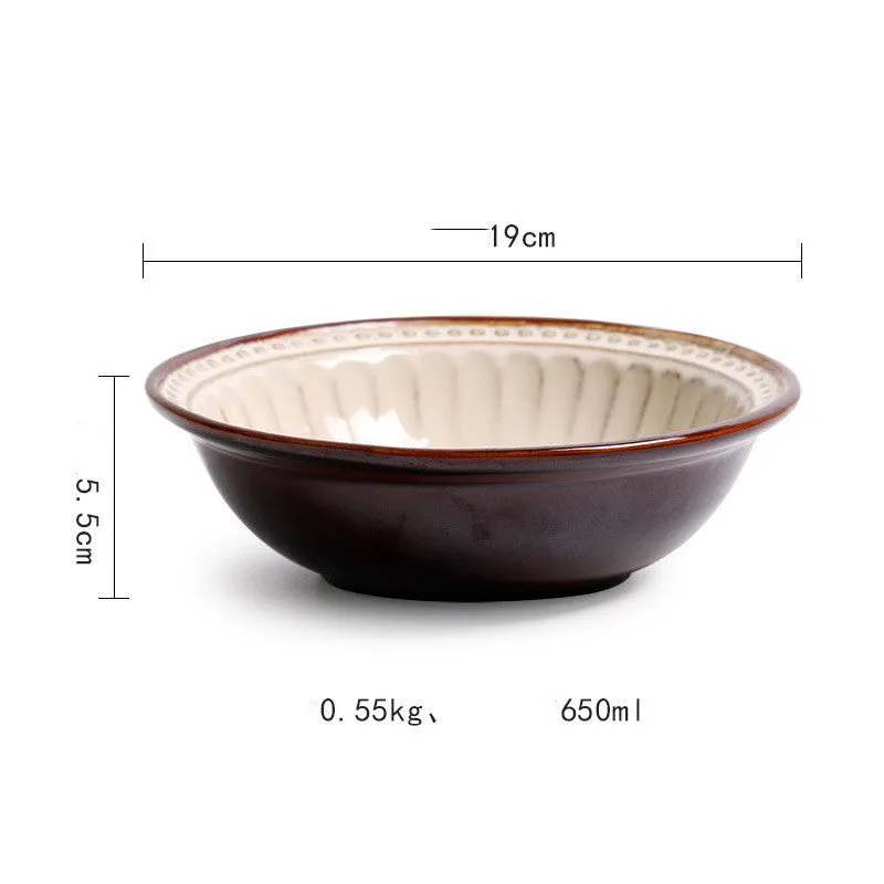 Set of five relief ceramic stoneware plates in retro European design with kiln change relief texture, available in colours C1 to C5