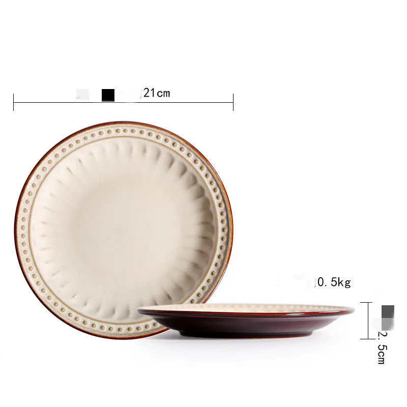 Set of five relief ceramic stoneware plates in retro European design with kiln change relief texture, available in colours C1 to C5