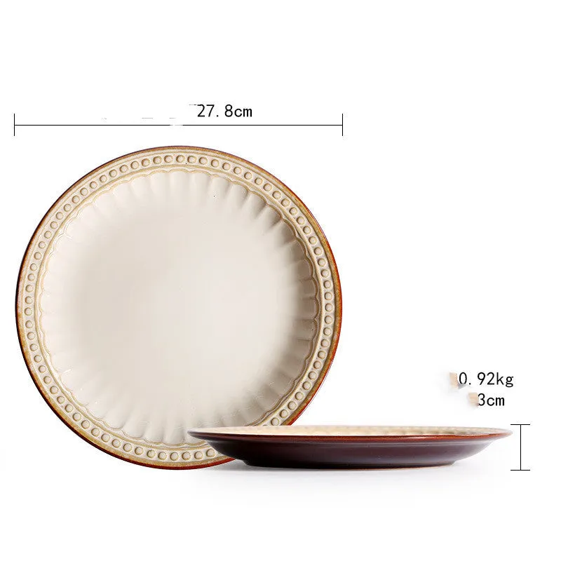 Set of five relief ceramic stoneware plates in retro European design with kiln change relief texture, available in colours C1 to C5