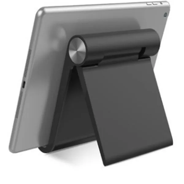 Folding plastic desktop stand holding a smartphone in black colour on a desk