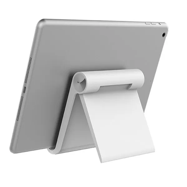 Folding plastic desktop stand holding a smartphone in black colour on a desk