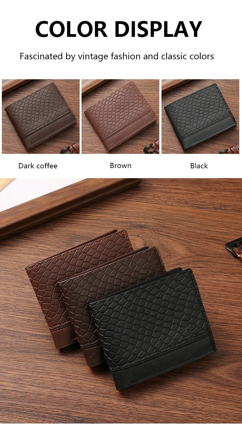 Men's short PU leather wallet with embossed snakeskin pattern, black, with multiple card slots and coin pocket