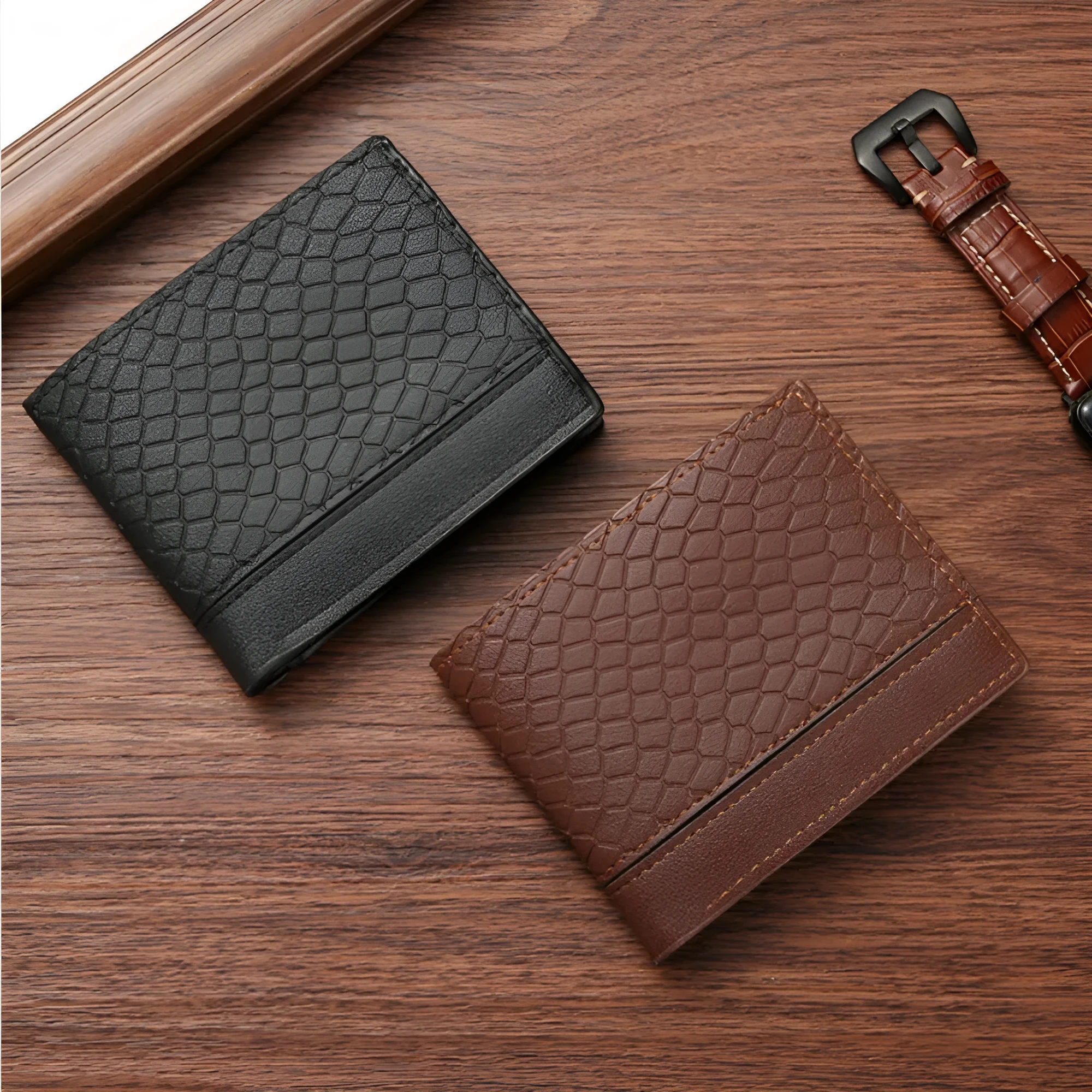 Men's short PU leather wallet with embossed snakeskin pattern, black, with multiple card slots and coin pocket