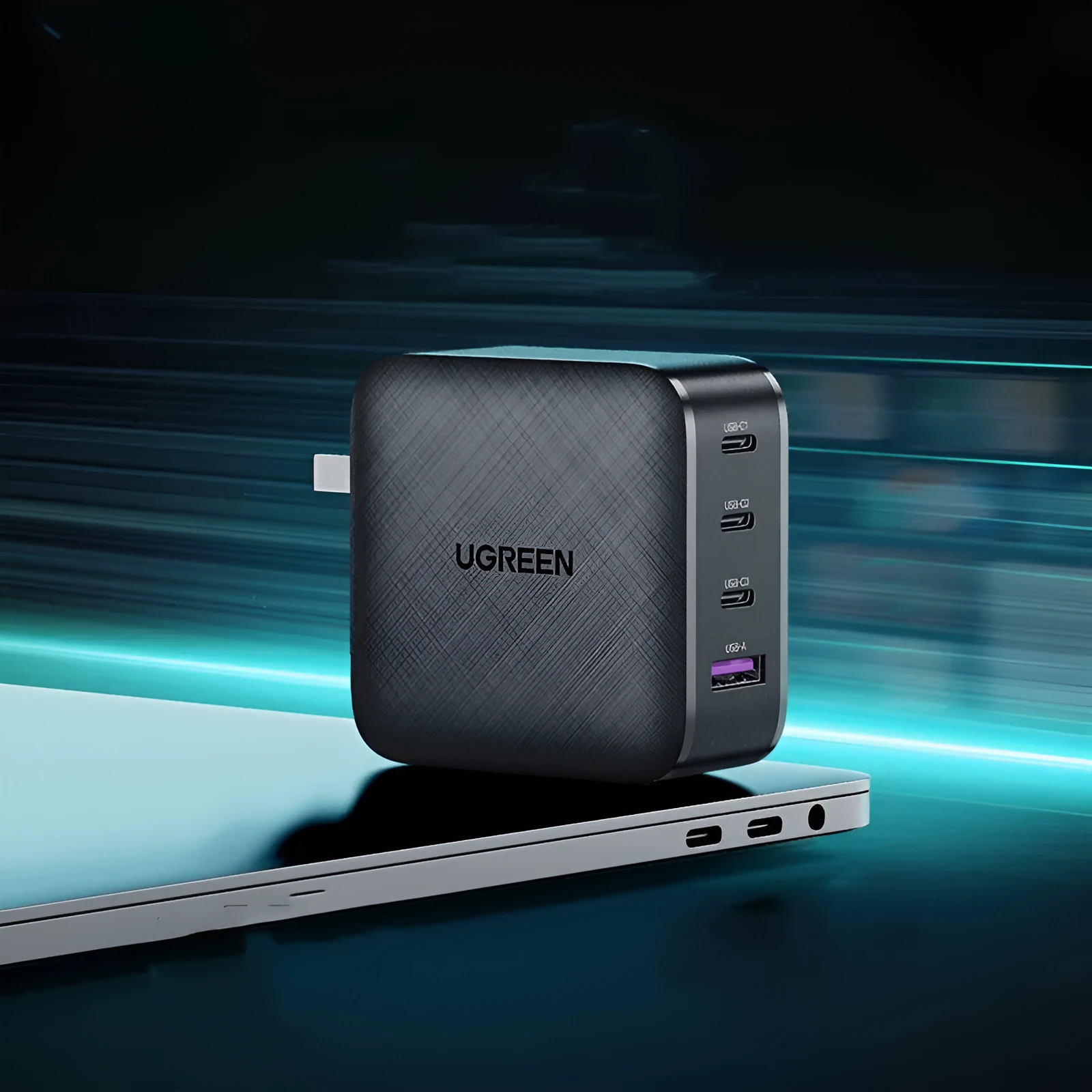 UGreen 65W GaN four-port PD charger with folding plug, black, PC fireproof shell