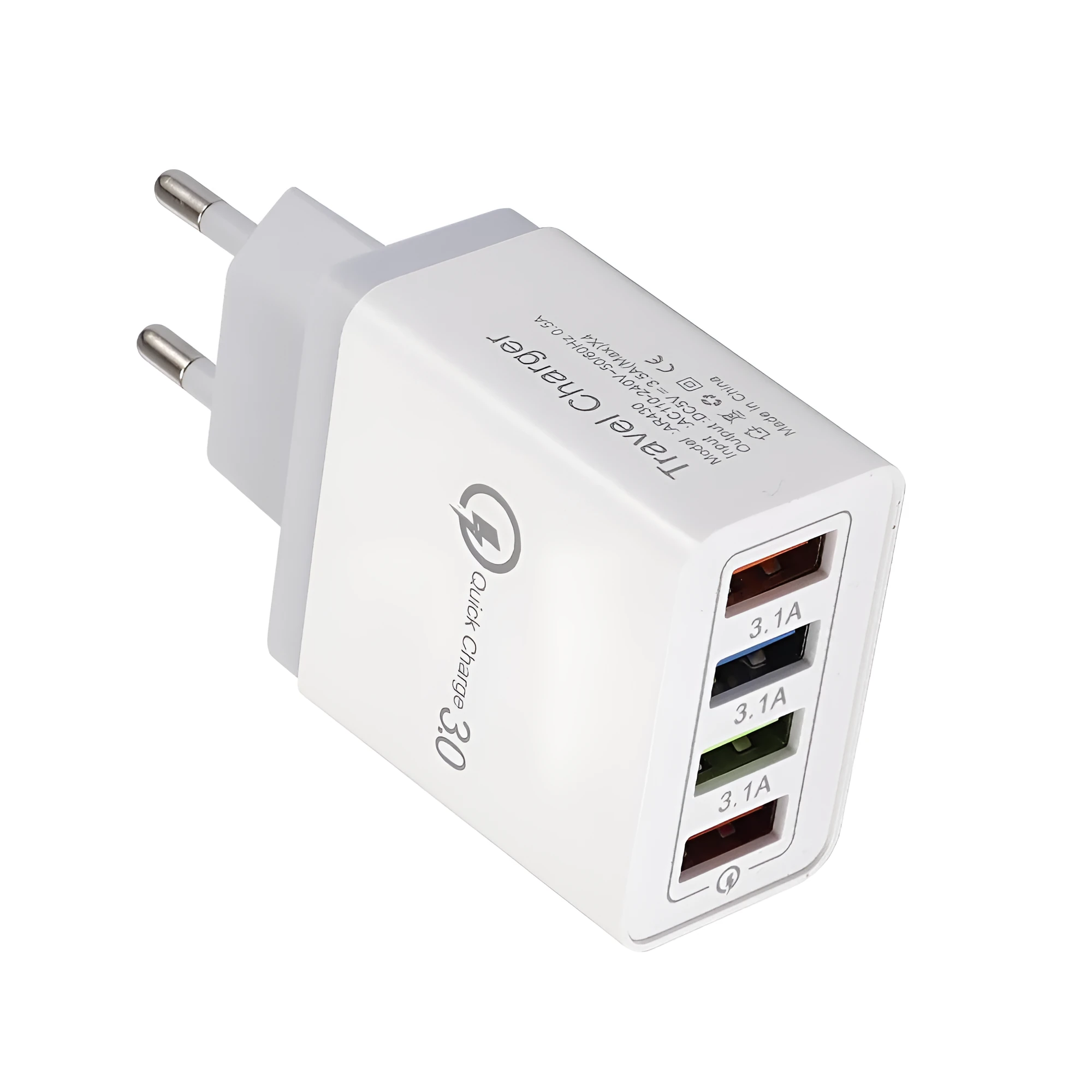 A compact 4-port USB mobile phone charger with a luminous light, shown in dark blue colour.
