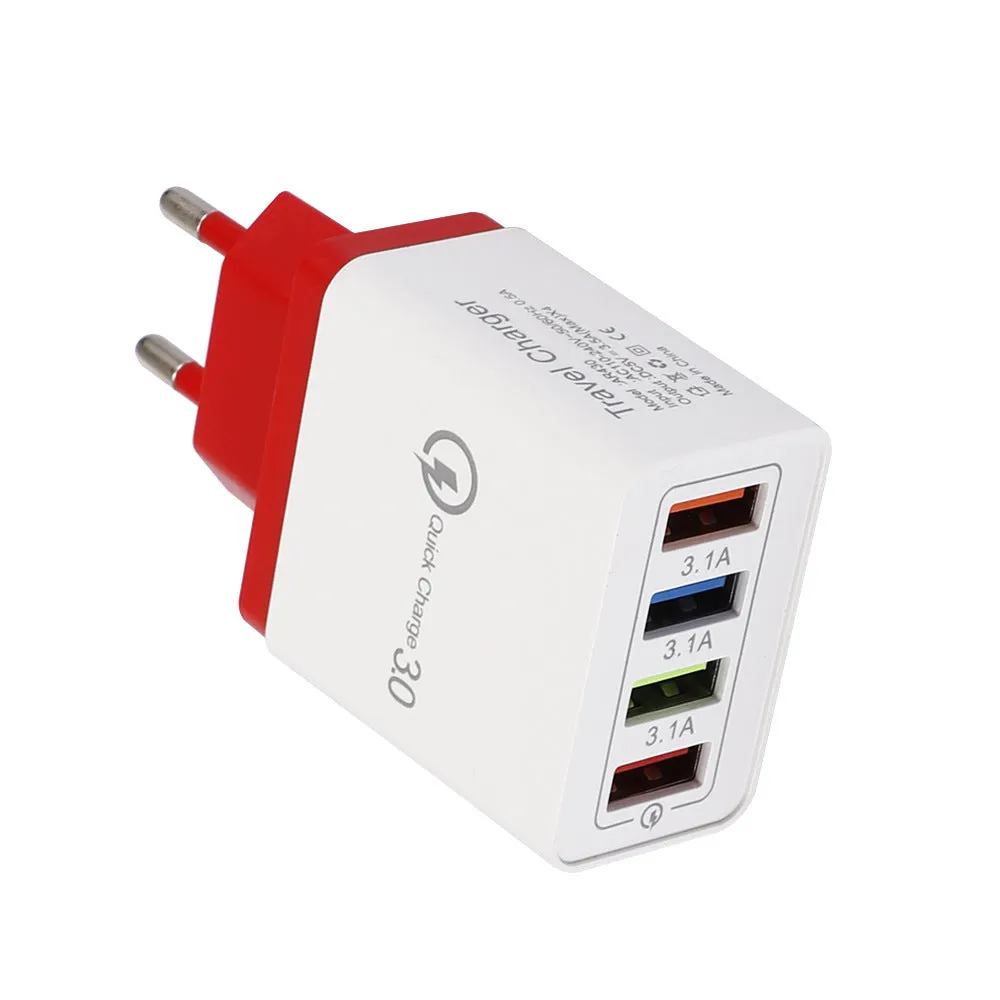 A compact 4-port USB mobile phone charger with a luminous light, shown in dark blue colour.
