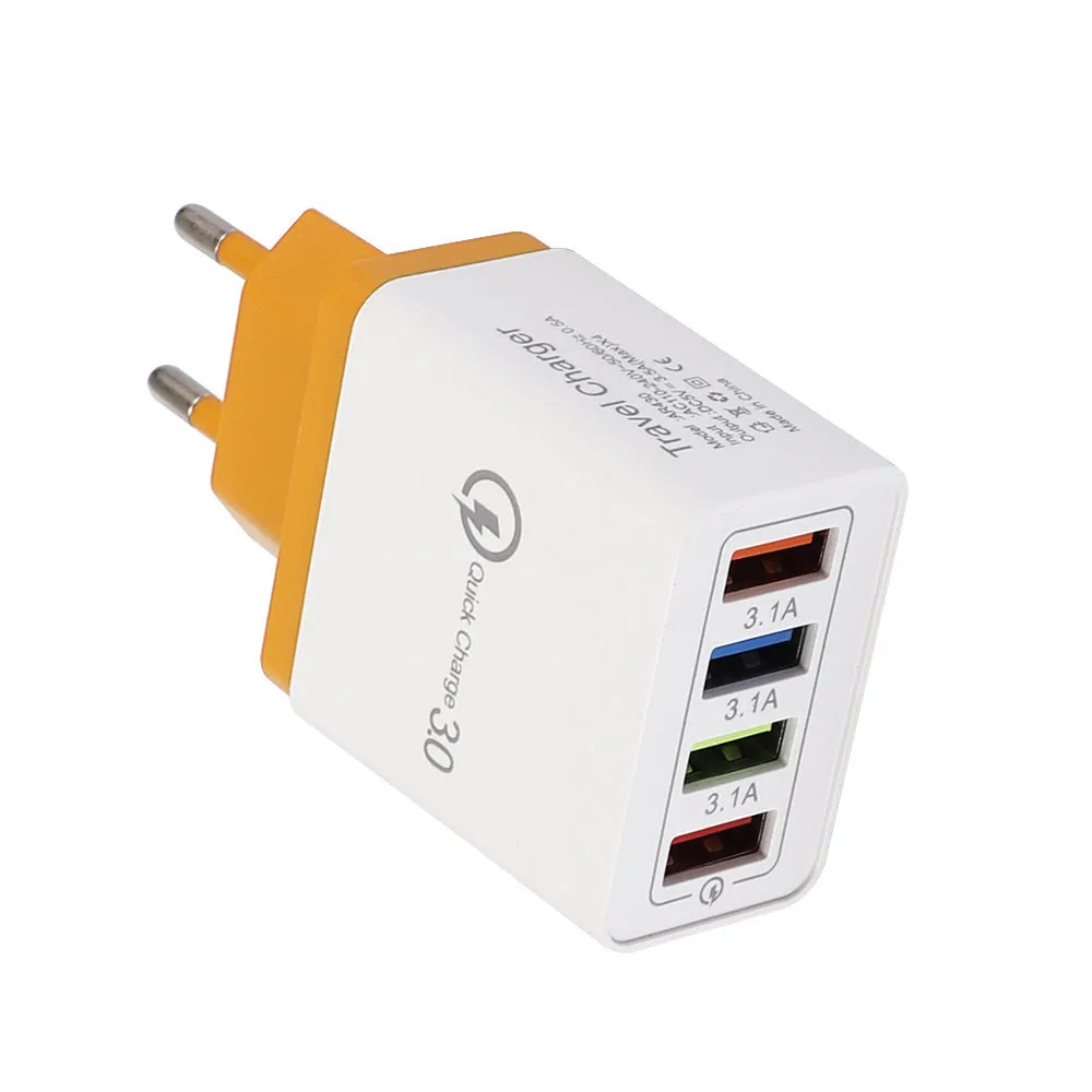 A compact 4-port USB mobile phone charger with a luminous light, shown in dark blue colour.