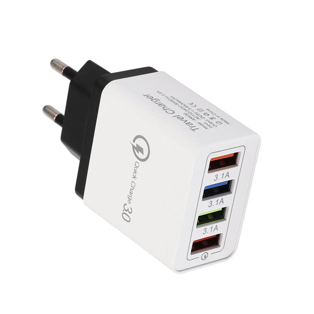 A compact 4-port USB mobile phone charger with a luminous light, shown in dark blue colour.