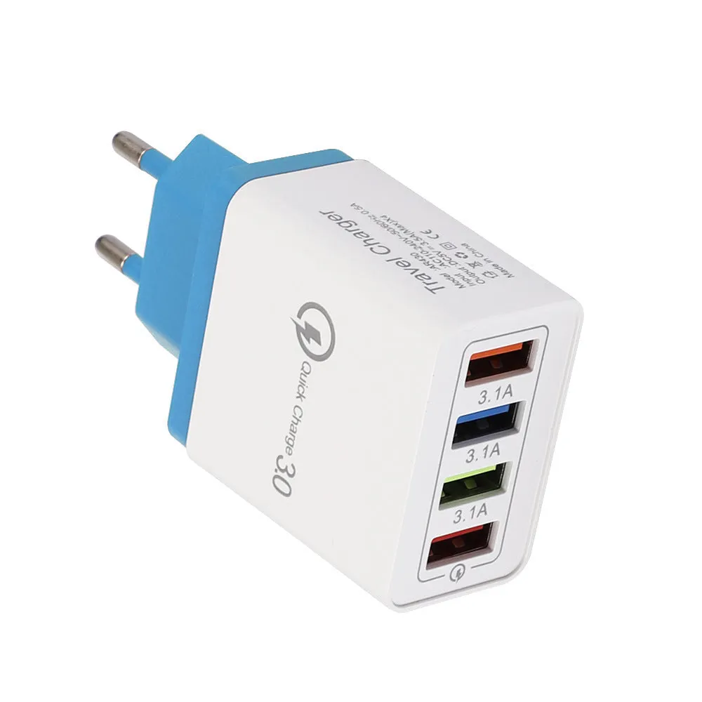 A compact 4-port USB mobile phone charger with a luminous light, shown in dark blue colour.
