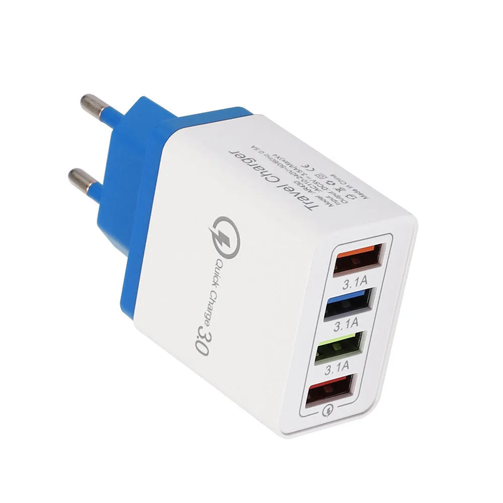 A compact 4-port USB mobile phone charger with a luminous light, shown in dark blue colour.