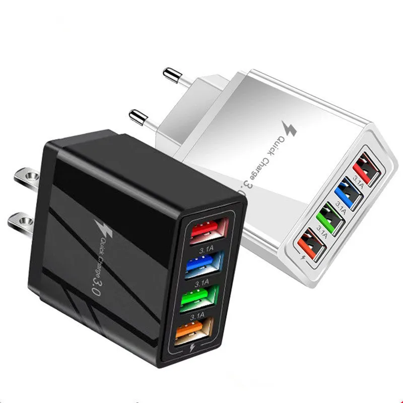 A compact 4-port USB mobile phone charger with a luminous light, shown in dark blue colour.