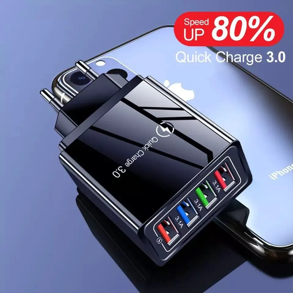 A compact 4-port USB mobile phone charger with a luminous light, shown in dark blue colour.