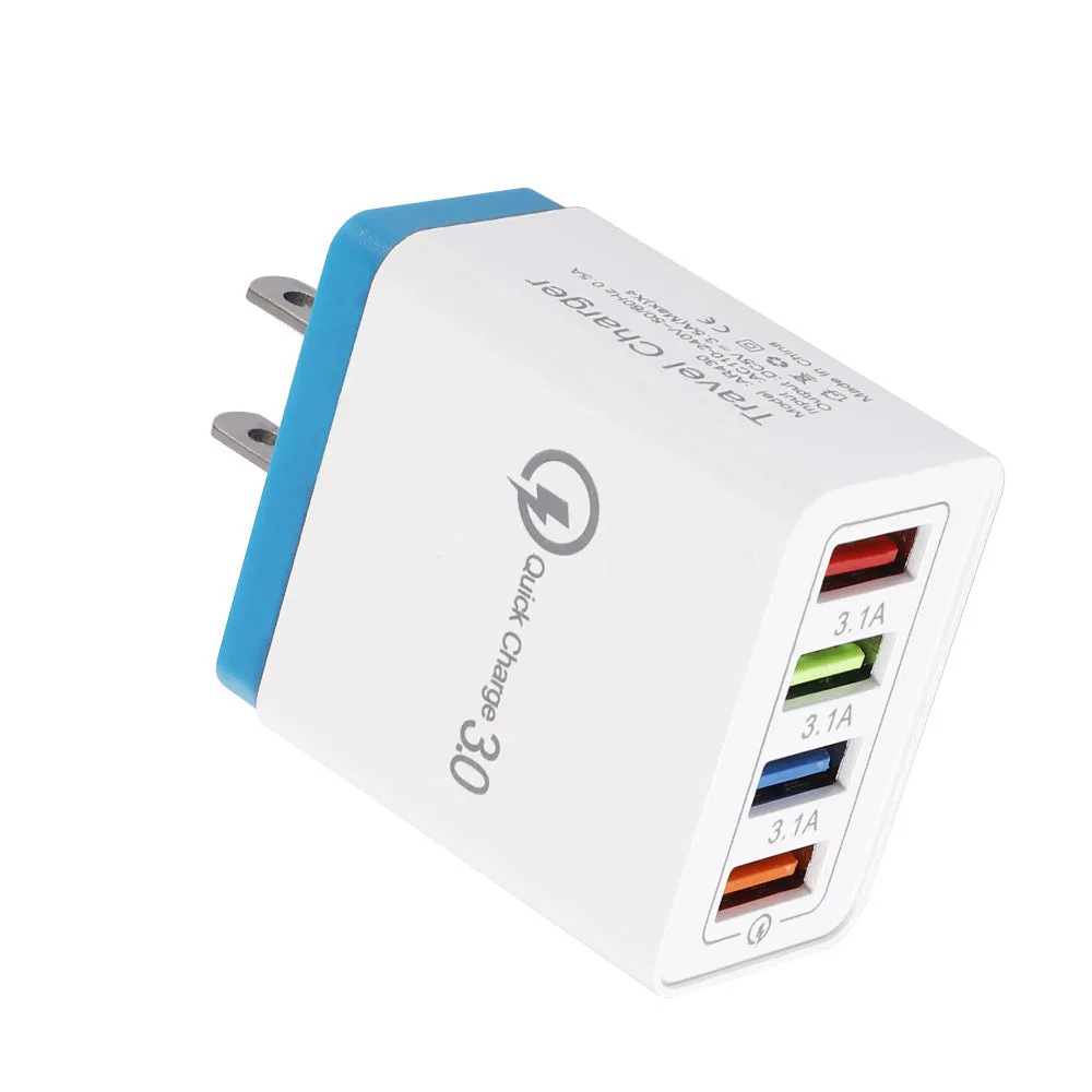 A compact 4-port USB mobile phone charger with a luminous light, shown in dark blue colour.