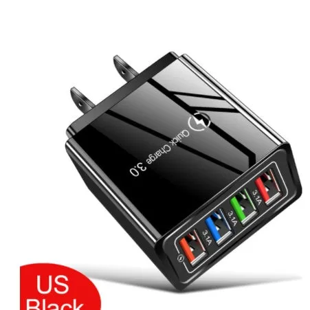 A compact 4-port USB mobile phone charger with a luminous light, shown in dark blue colour.