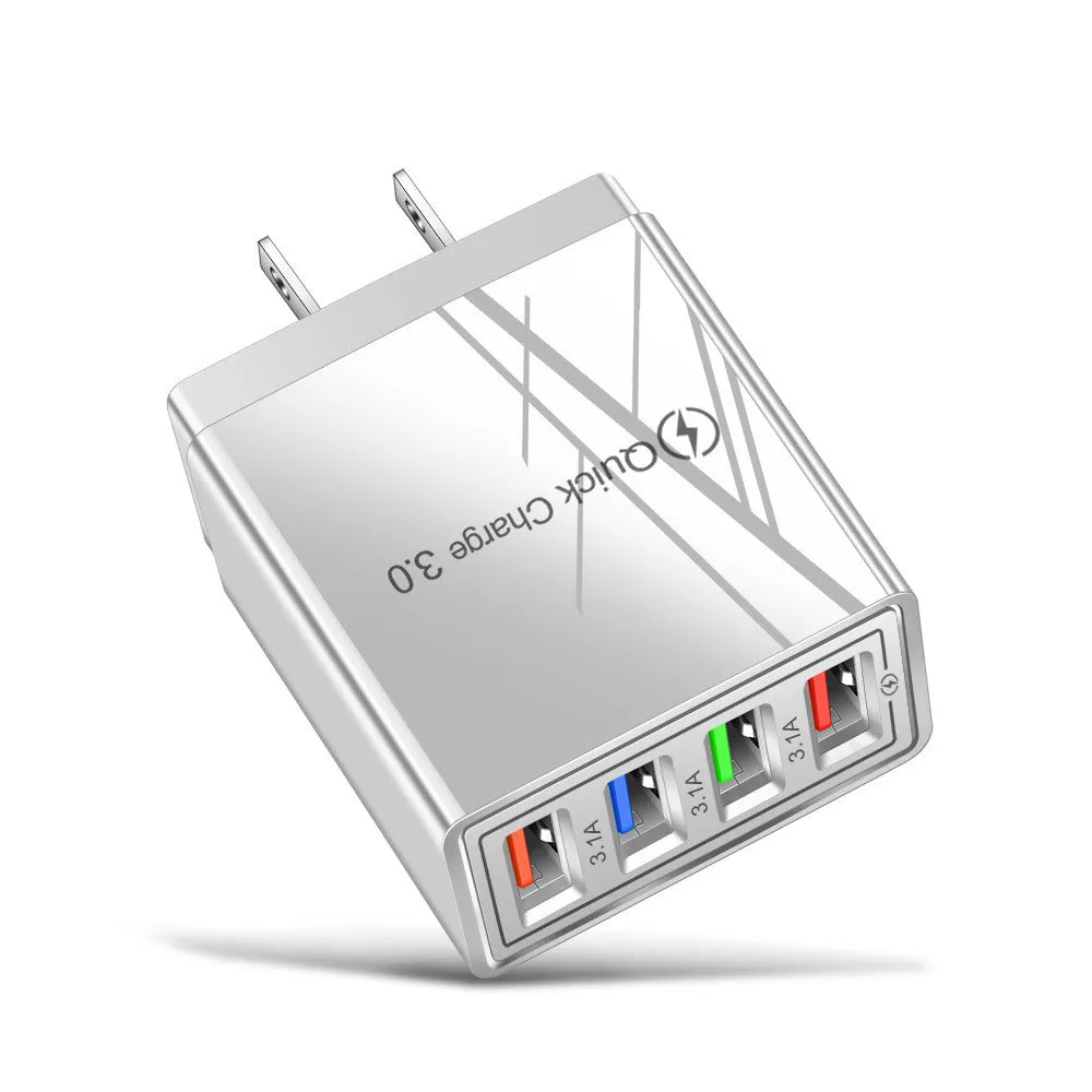 A compact 4-port USB mobile phone charger with a luminous light, shown in dark blue colour.