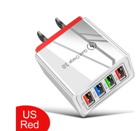 A compact 4-port USB mobile phone charger with a luminous light, shown in dark blue colour.