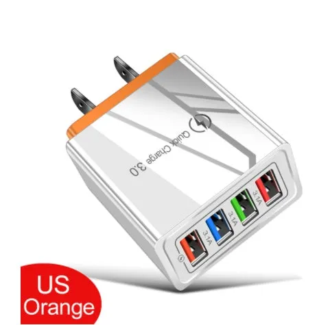 A compact 4-port USB mobile phone charger with a luminous light, shown in dark blue colour.