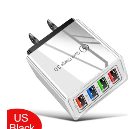 A compact 4-port USB mobile phone charger with a luminous light, shown in dark blue colour.