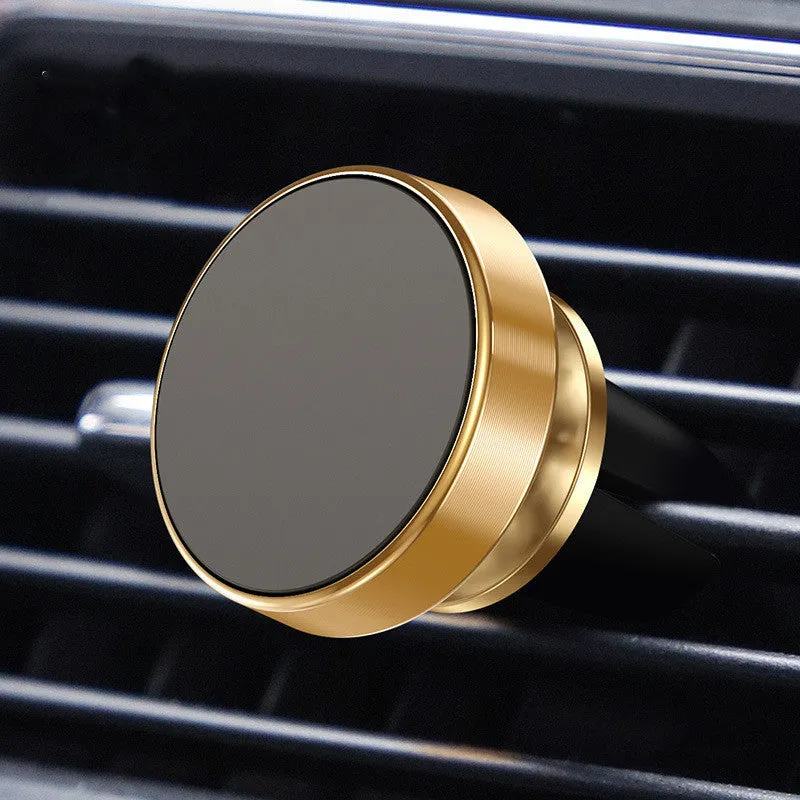 Magnetic car phone holder with aluminium alloy construction in black, gold, and silver colour options