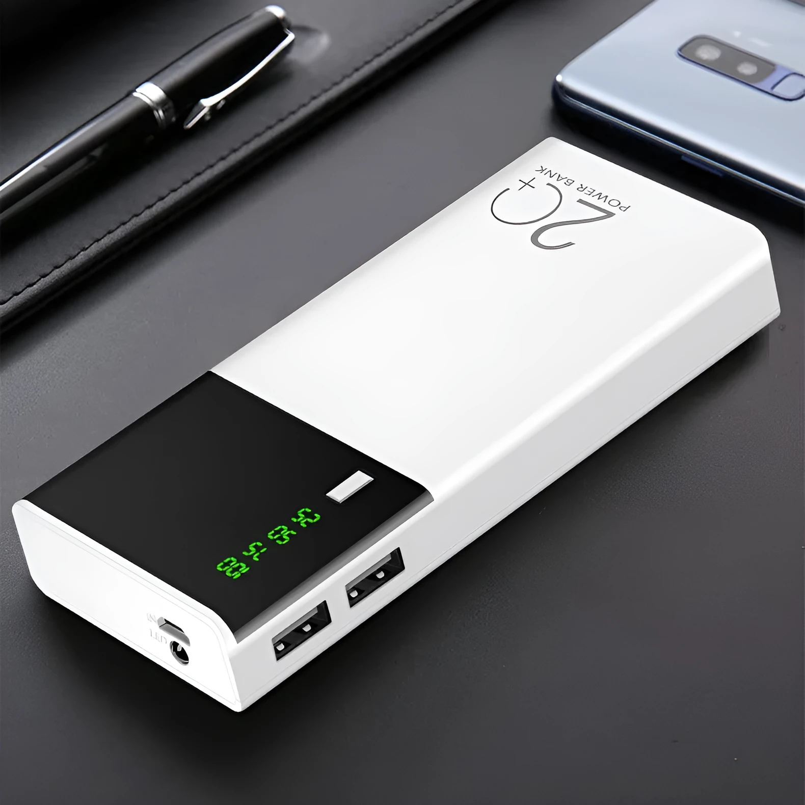 White large capacity fast charging mobile power bank with digital display and multi USB ports