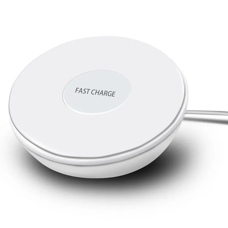White wireless charger with clock display and three control buttons for smartphone charging