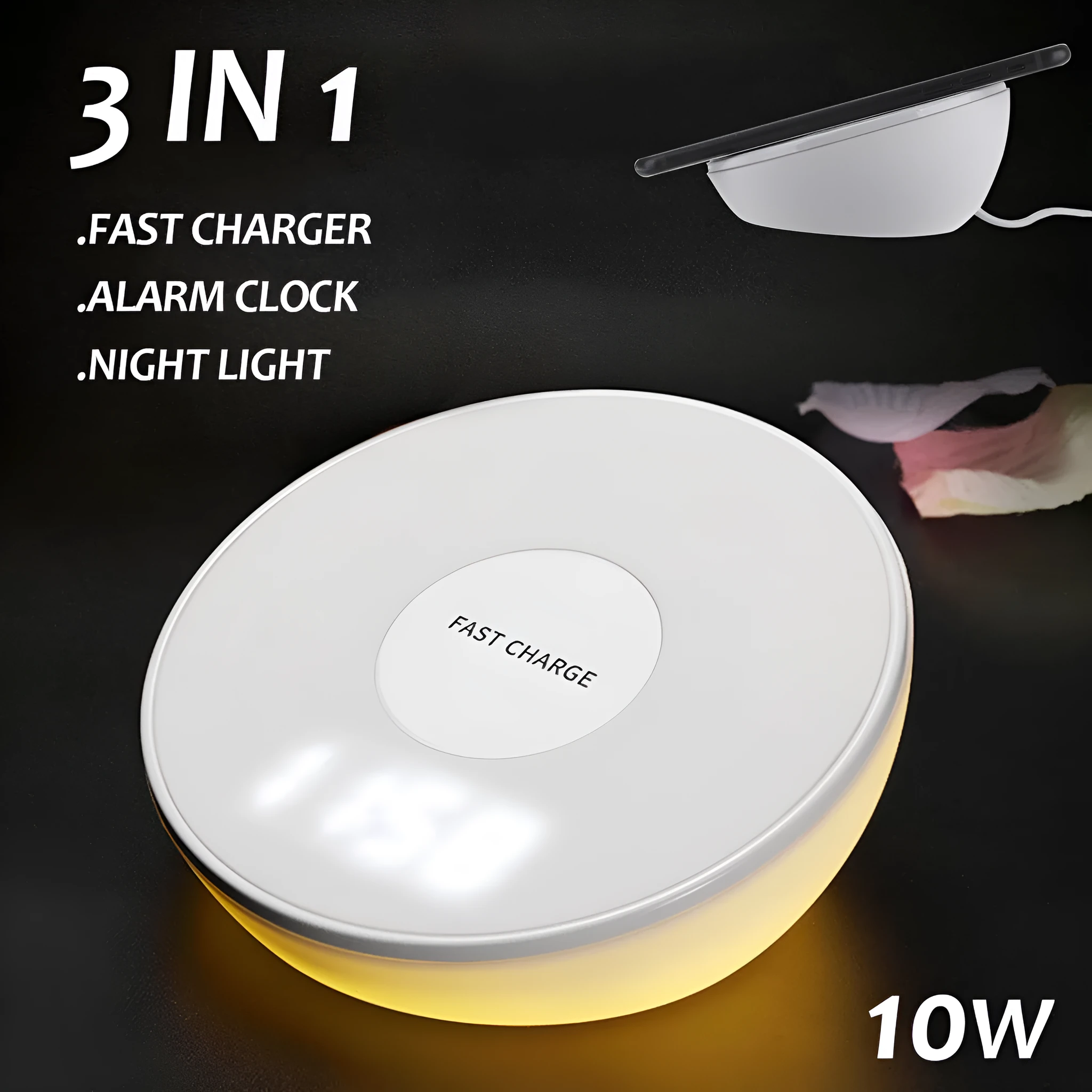 White wireless charger with clock display and three control buttons for smartphone charging