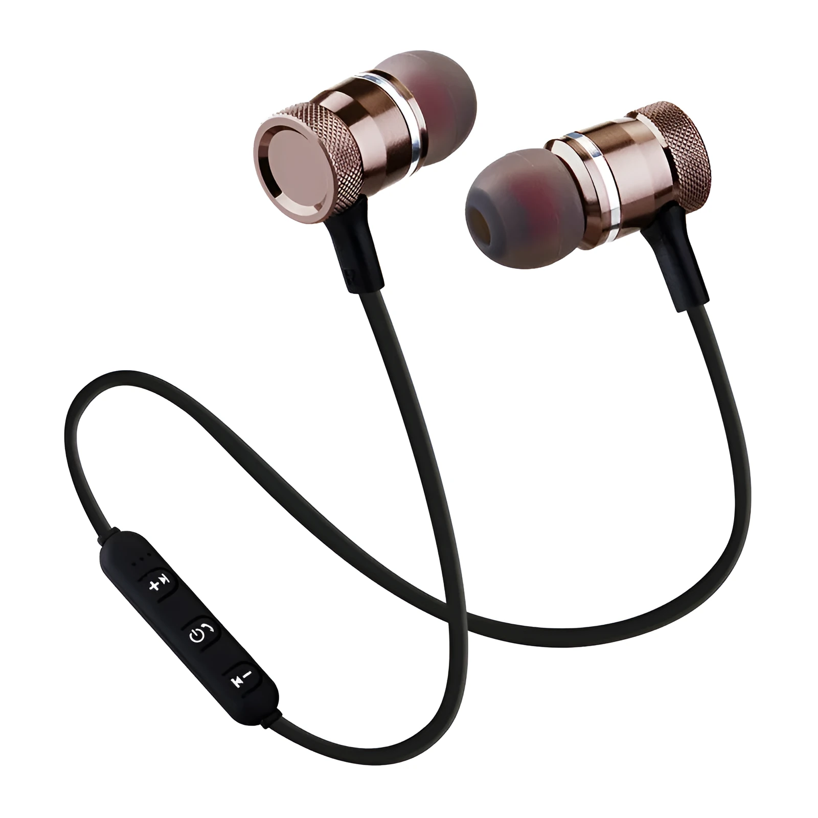 Wireless Bluetooth sports headset with magnetic earbuds and neckband, available in Gun and Black colours