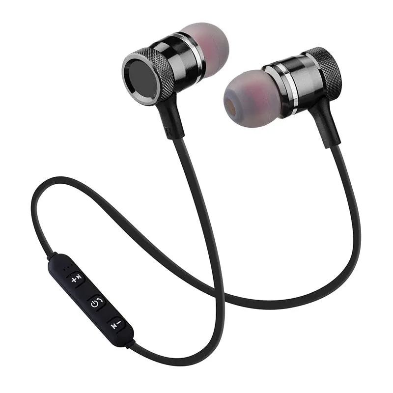 Wireless Bluetooth sports headset with magnetic earbuds and neckband, available in Gun and Black colours