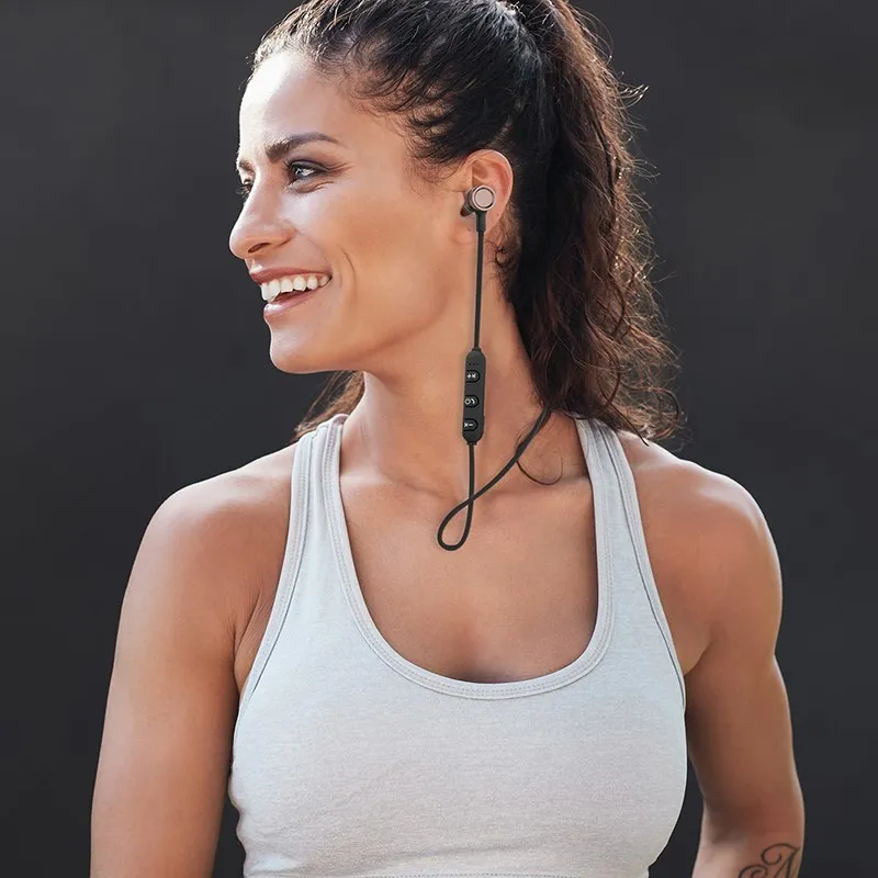 Wireless Bluetooth sports headset with magnetic earbuds and neckband, available in Gun and Black colours