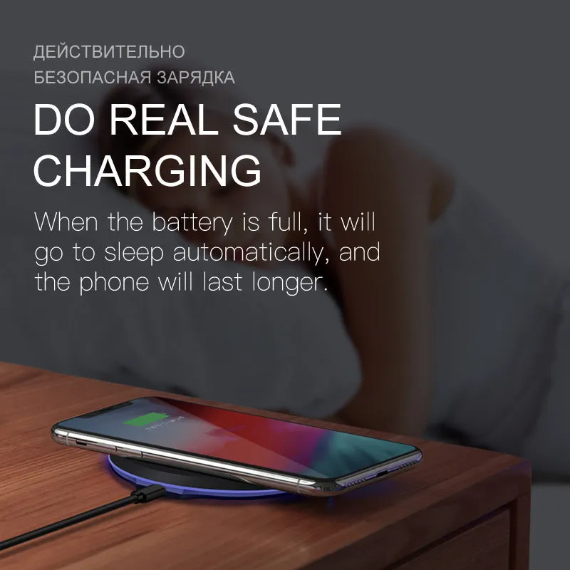 Black 10W 5W fast wireless phone charger on desk with slim 8mm profile