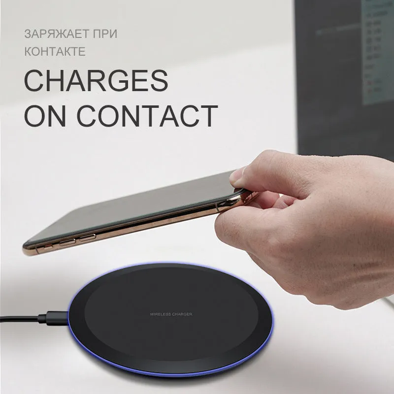 Black 10W 5W fast wireless phone charger on desk with slim 8mm profile