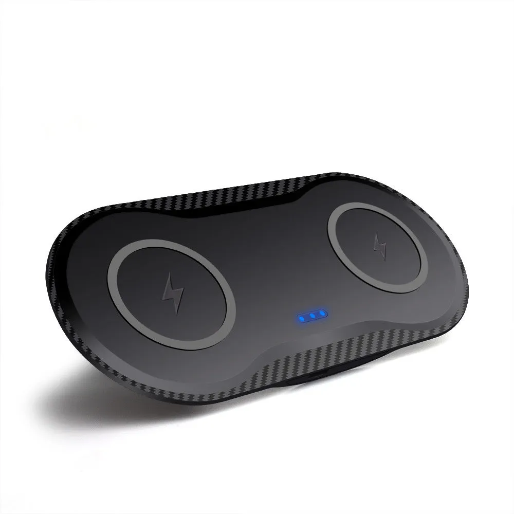 Dual 15W 2-in-1 wireless charger in black ABS with two charging coils and indicator light