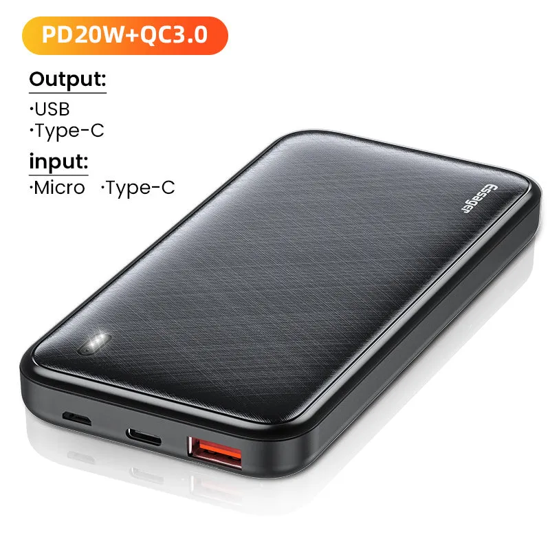 Essager 10000mAh portable power bank in black plastic shell with charging indicator