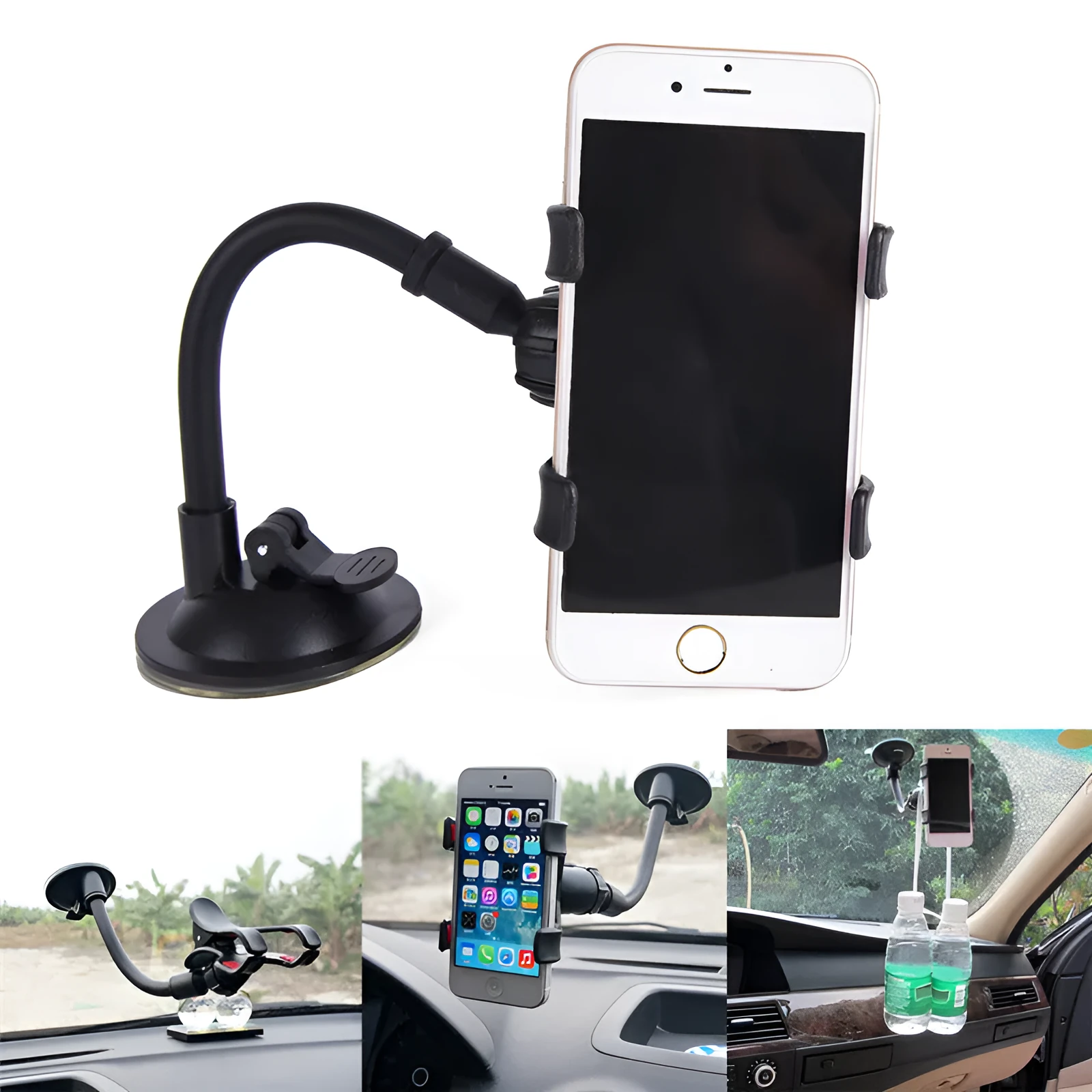 Black car phone holder with suction cup attached to windshield showing 360-degree rotation and device clamp