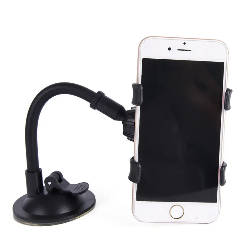 Black car phone holder with suction cup attached to windshield showing 360-degree rotation and device clamp