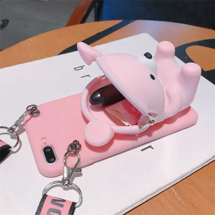 Cute bear coin purse phone case with lanyard in Black for iPhone