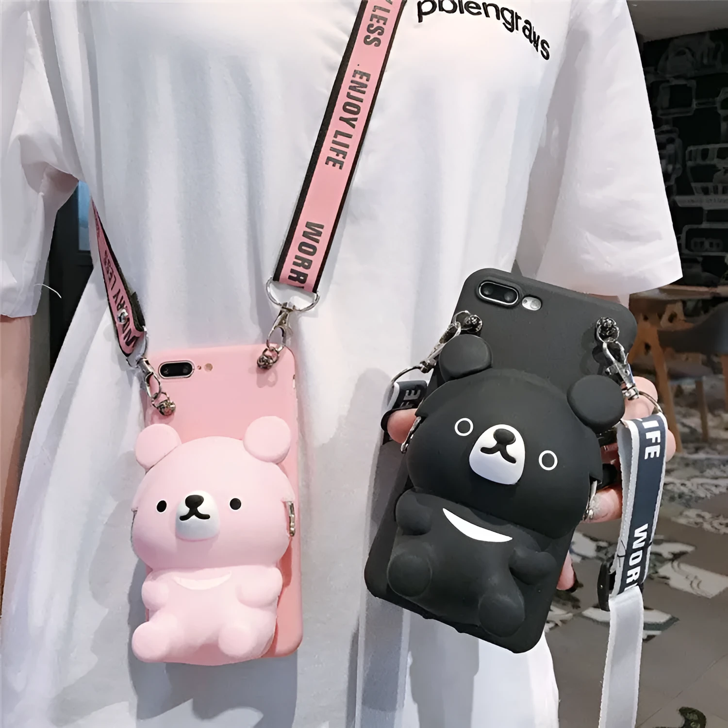 Cute bear coin purse phone case with lanyard in Black for iPhone