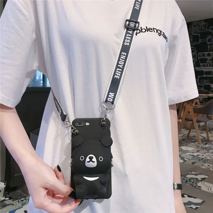 Cute bear coin purse phone case with lanyard in Black for iPhone