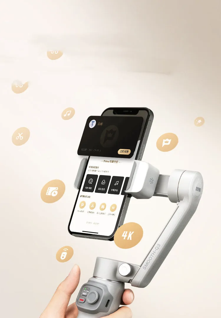 Zhiyun SMOOTH Q3 alloy smartphone gimbal with tripod and USB cable on white background