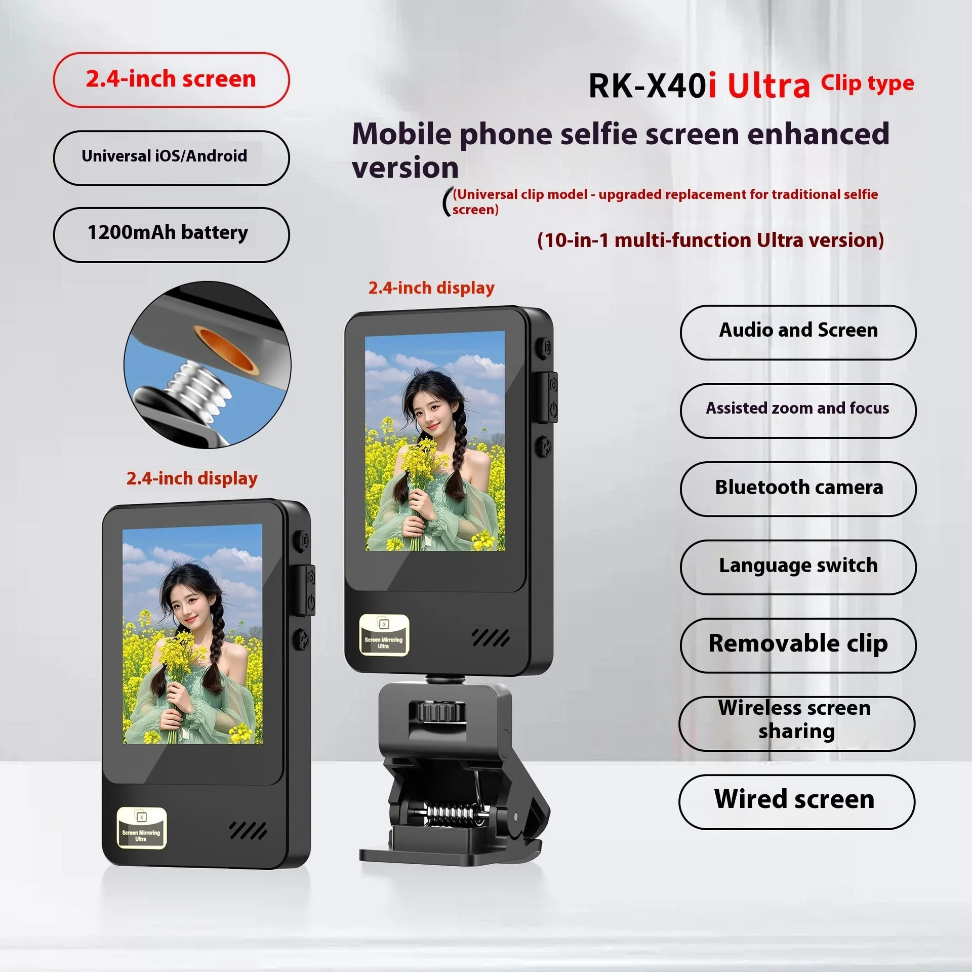 Wireless mobile screen sharing device with 2.4-inch IPS display, 1200mAh battery, and Bluetooth selfie function in black plastic