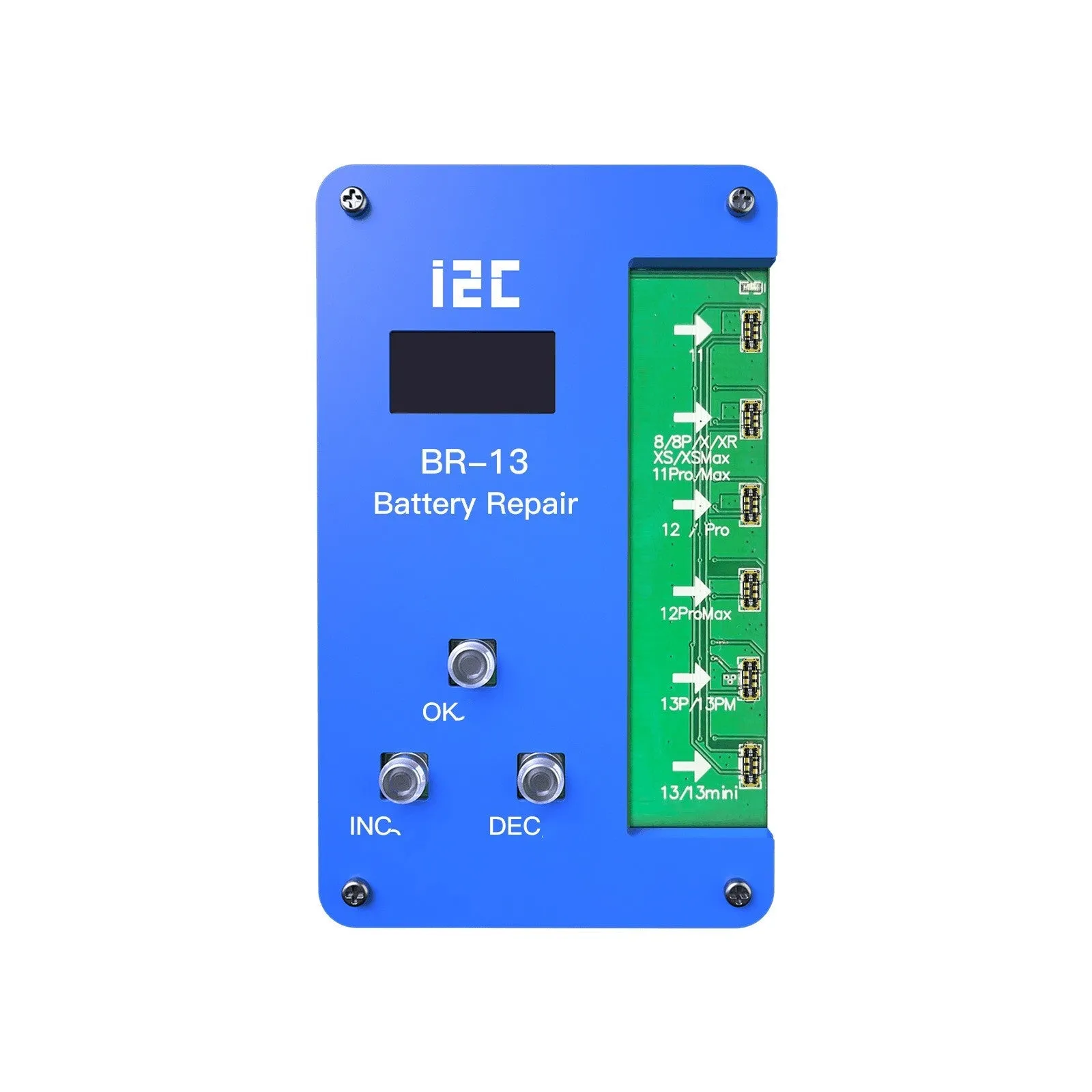 I2C battery data recovery instrument with BR-13 host unit and multiple iPhone battery cables on a repair mat