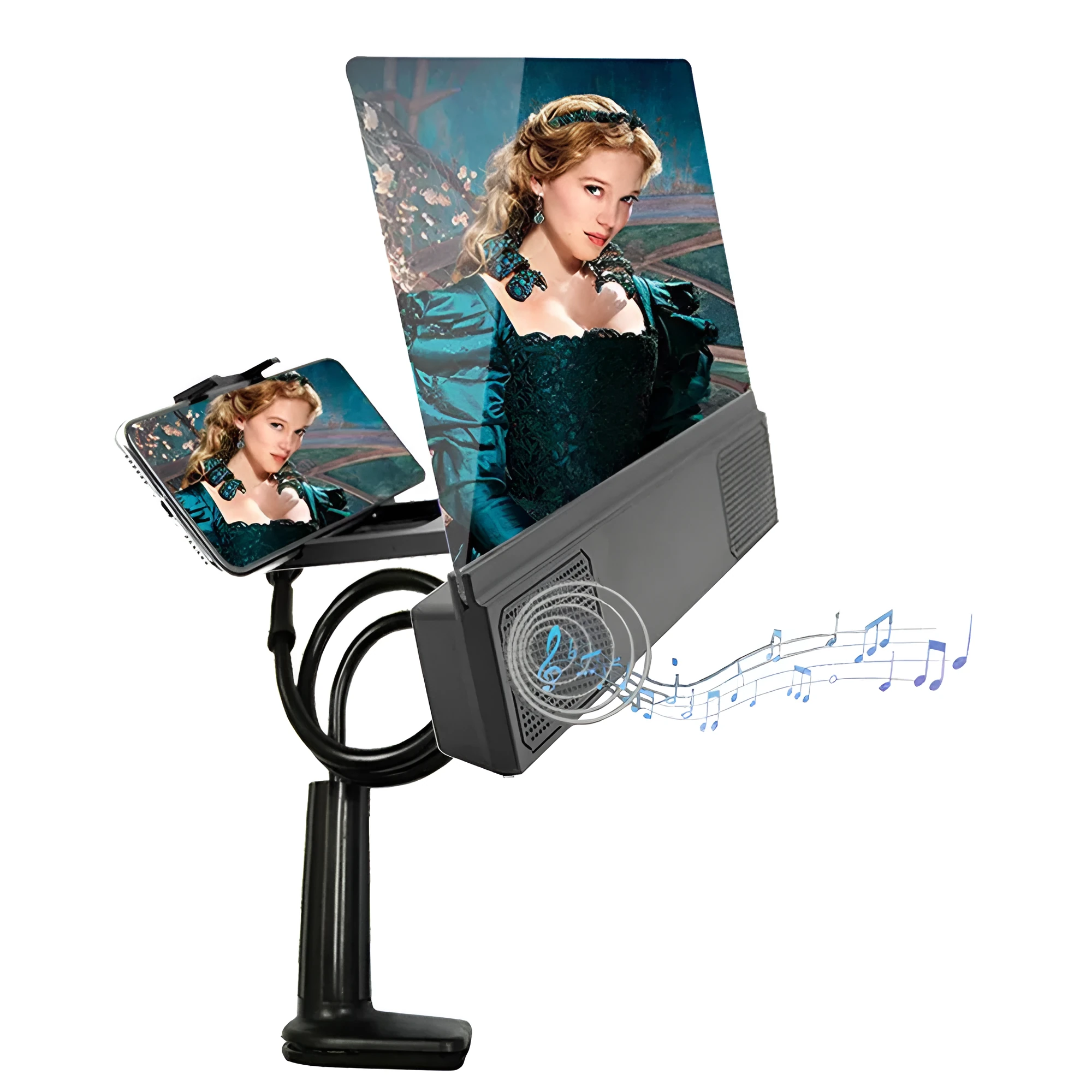 Smartphone screen amplifier with 12-inch lens and flexible gooseneck stand on a table
