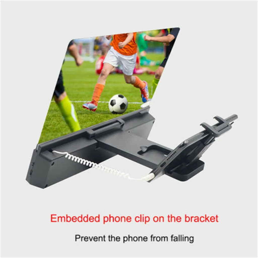 Smartphone screen amplifier with 12-inch lens and flexible gooseneck stand on a table