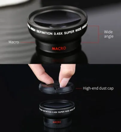 Black mobile phone wide-angle macro lens with aluminium alloy and optical glass, 0.45X and 10x magnification