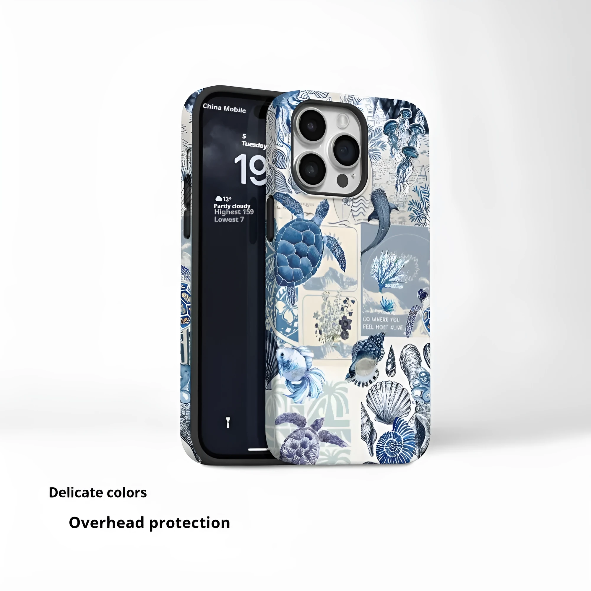 Marine bio printed double-layer film shell phone case in glossy white with shockproof and anti-fall protection for iPhone