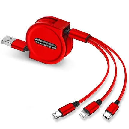3-in-1 telescopic USB charging cable extended to 120cm length with titanium alloy connectors