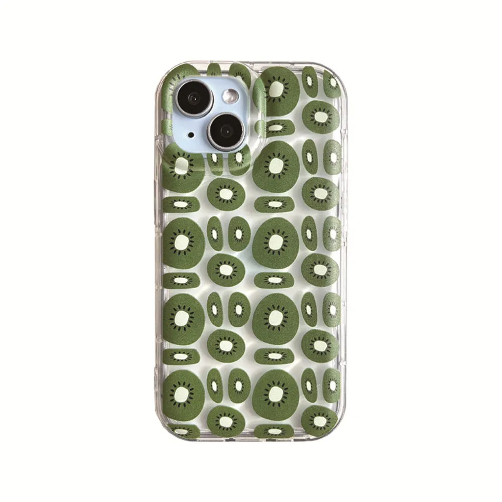 Transparent sliced kiwi fruit TPU phone case for iPhone showing green kiwi pattern on clear background